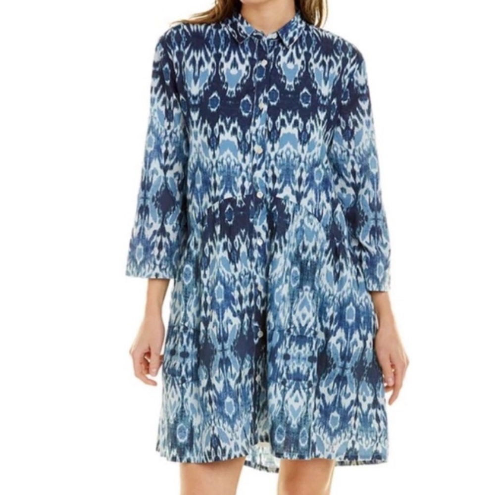 Ro's Garden Tyla Blue Deauville Ikat Shirt Dress